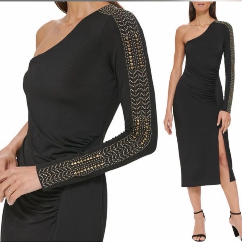GUESS Black One Shoulder Midi Dress Gold Chain Sleeve NWT Evening Cocktail